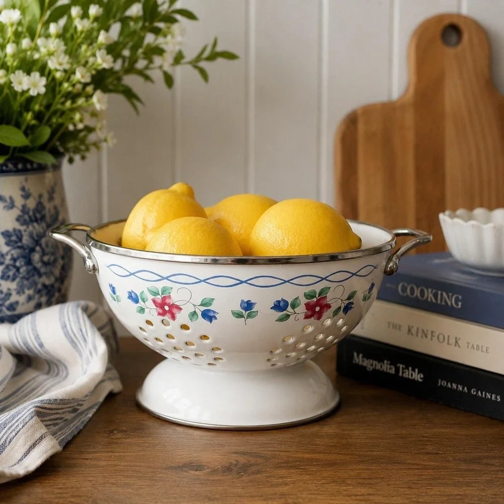 Floral Footed Colander White Chrome Handles Cottage Farmhouse Kitchen Decor